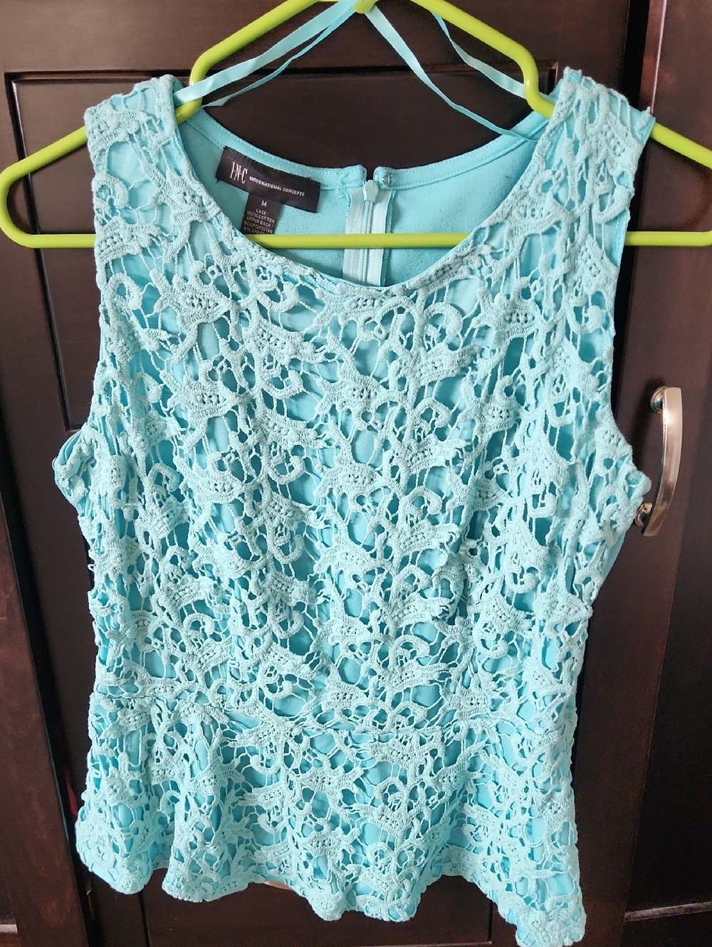 INC International Concepts Aqua Crochet Lace Peplum Tank